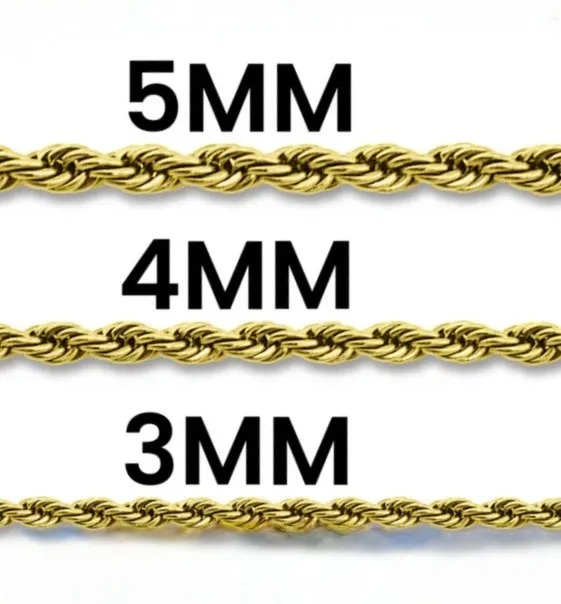 Stainless Necklace – Gold Plated Rope Chain – Various Sizes
