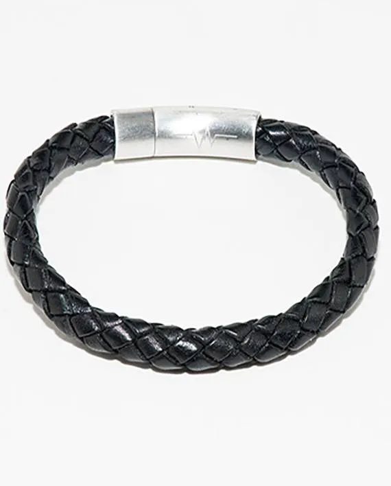 Leather Bracelet   – Black Braid w/Brushed Stainless 6mm